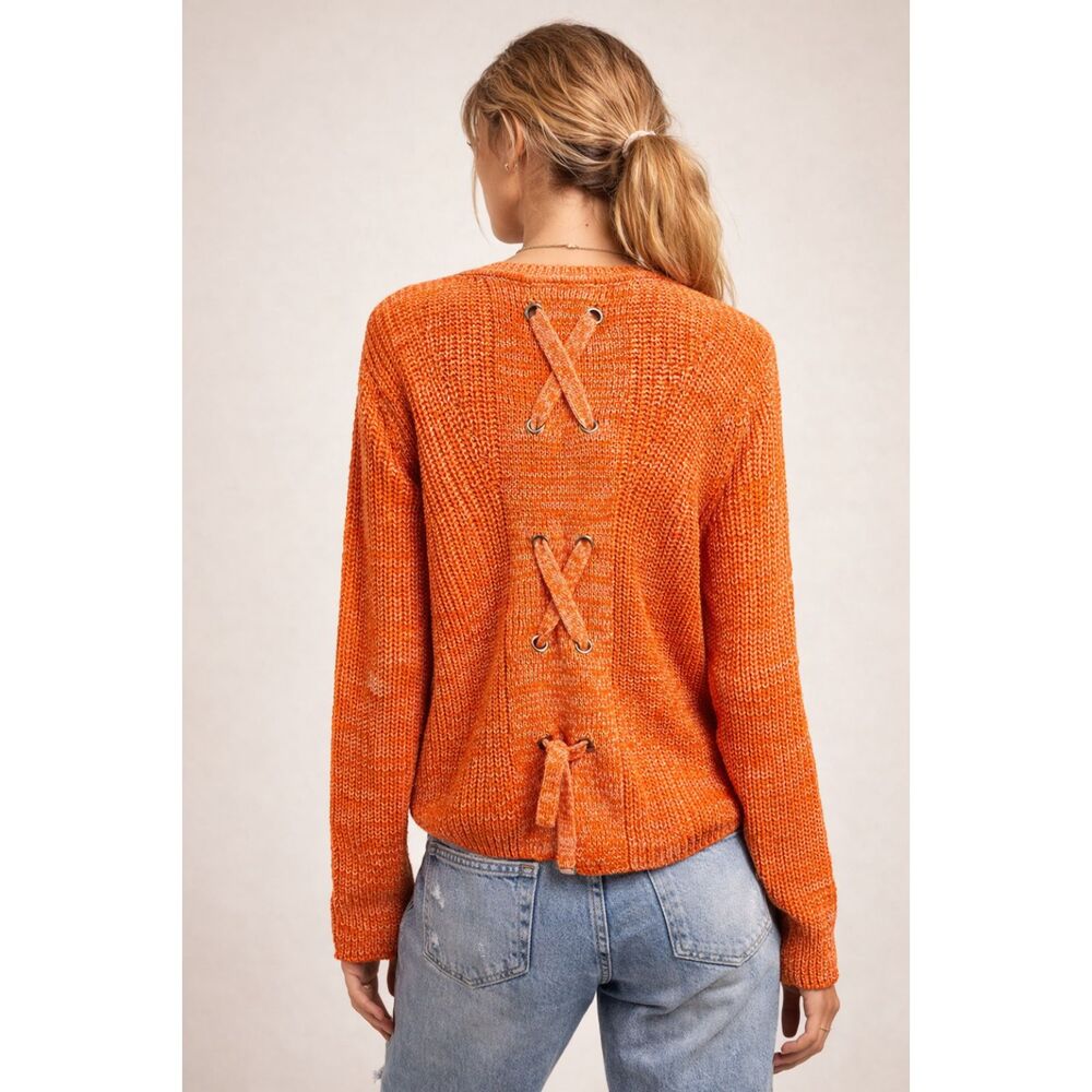 Cocovine Orange Chunky Knit Lace Up Back Sweater Boho Cozy Statement XS Warm Top